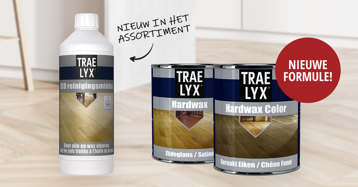 Afwerking parketvloeren: 2 blikken Trae Lyx Hardwax met accent "nieuwe formule" & de vernieuwde ecoreiniger met tekst "nieuw in het assortiment"